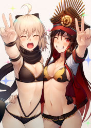 Rule 34 | 2girls, ahoge, armband, bare shoulders, bikini, black bikini, black gloves, black hair, black headwear, black scarf, blonde hair, blush, bow, breasts, cleavage, closed eyes, collarbone, crest, family crest, fate/grand order, fate (series), gloves, grin, hair between eyes, hair bow, hat, headphones, headphones around neck, jacket, kyoeiki, letterman jacket, long hair, long sleeves, looking at viewer, medium breasts, military hat, multi-strapped bikini, multiple girls, navel, oda nobunaga (fate), oda nobunaga (koha-ace), oda nobunaga (swimsuit berserker) (fate), oda uri, okita j. souji (fate), okita souji (fate), okita souji (koha-ace), one eye closed, open clothes, open jacket, open mouth, outstretched arm, peaked cap, red eyes, scarf, short hair, simple background, single glove, smile, swimsuit, v, very long hair, wristband