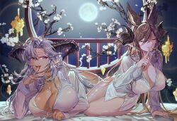 Rule 34 | 2girls, :d, animal ears, branch, breasts, closed eyes, collared shirt, commentary request, dark-skinned female, dark skin, dragon horns, extra ears, fangs, fediel (granblue fantasy), finger to mouth, full moon, galleon (granblue fantasy), granblue fantasy, grey hair, hair between eyes, highres, horns, index finger raised, large breasts, long hair, lying, moon, multiple girls, naked shirt, nazo kitsune, on bed, open mouth, partially unbuttoned, pointy ears, purple eyes, round window, shirt, smile, very long hair, white shirt, window