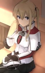 Rule 34 | 10s, 1girl, bad id, bad pixiv id, blonde hair, blue eyes, breasts, cup, gloves, graf zeppelin (kancolle), hat, kantai collection, large breasts, long hair, miniskirt, peaked cap, skirt, smile, solo, teacup, twintails, weasel (close-to-the-edge)