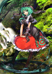 Rule 34 | 1girl, boots, bow, breasts, cape, cross-laced footwear, female focus, forest, front ponytail, green eyes, green hair, hair bow, interlocked fingers, kagiyama hina, lace-up boots, large breasts, long hair, looking at viewer, matching hair/eyes, nature, puffy short sleeves, puffy sleeves, ribbon, shirt, short sleeves, skirt, smile, solo, touhou, umigarasu (kitsune1963), water, waterfall, wrist ribbon
