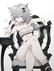 Rule 34 | 1girl, animal ears, arknights, bandeau, bare legs, bare shoulders, black choker, black nails, breasts, chair, choker, cleavage, commentary, crossed legs, fataaa, feet out of frame, grey background, grey eyes, grin, hair between eyes, hair ornament, hairclip, hand up, highres, lappland (arknights), long hair, looking at viewer, material growth, midriff, nail polish, oripathy lesion (arknights), scar, scar across eye, scar on face, silver hair, sitting, small breasts, smile, solo, strapless, thighs, tube top, wolf ears