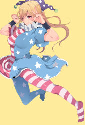Rule 34 | 1girl, absurdres, aged up, alternate breast size, american flag, american flag dress, american flag legwear, blonde hair, blue dress, blue pantyhose, breasts, closed mouth, clothes lift, clownpiece, commentary request, dress, dress lift, frilled dress, frills, hat, highres, impossible clothes, jester cap, jumping, large breasts, light smile, looking at viewer, looking to the side, medium hair, multicolored clothes, multicolored dress, multicolored legwear, neck ruff, one eye closed, pantyhose, pink eyes, polka dot headwear, puffy short sleeves, puffy sleeves, purple hat, red dress, red pantyhose, sakurayu haru, short sleeves, simple background, solo, star (symbol), star print, striped clothes, striped dress, striped pantyhose, tongue, tongue out, touhou, v, wrist cuffs, yellow background
