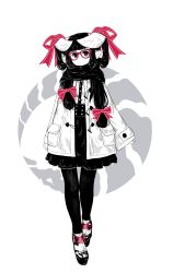 Rule 34 | 1girl, animal ears, blunt bangs, bow, coat, glasses, hair bow, hair scarf, high-waist skirt, highres, horn ornament, horn ribbon, horned girl (jaco), horns, jaco, long hair, monochrome, original, pantyhose, red-framed eyewear, red eyes, ribbon, shoes, sidelocks, skirt, sleeves past wrists, solo, spot color, twintails