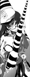 Rule 34 | 1girl, abyssal ship, barnacle, between breasts, breasts, earrings, glasses, greyscale, hat, highres, holding, holding weapon, jewelry, kantai collection, large breasts, long hair, lunga ocean heavy cruiser princess, monochrome, open mouth, orthocone, polearm, seashell, shell, simple background, solo, tentacles, tsuji kazuho, weapon