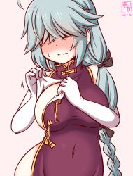 Rule 34 | 1girl, ahoge, artist logo, blush, braid, breasts, china dress, chinese clothes, dress, elbow gloves, embarrassed, gloves, grey hair, hair over eyes, hair ribbon, hamanami (kancolle), kanon (kurogane knights), kantai collection, large breasts, long hair, one-hour drawing challenge, pink dress, ribbon, single braid, sweatdrop, undressing, white gloves