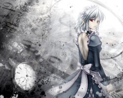 Rule 34 | 1girl, back, backless dress, backless outfit, braid, dress, female focus, izayoi sakuya, knife, looking back, maid, pocket watch, red eyes, scarlet (studioscr), short hair, silver hair, solo, embodiment of scarlet devil, touhou, twin braids, wallpaper, watch