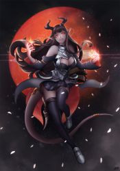 Rule 34 | 1girl, armor, bare shoulders, black skirt, black thighhighs, breasts, brown hair, cleavage, cleavage cutout, clothing cutout, demon girl, demon horns, demon tail, faulds, fingernails, full body, grin, highres, holster, horn ornament, horns, large breasts, long fingernails, long hair, looking at viewer, off shoulder, original, pale skin, pointy ears, red eyes, sharp fingernails, sidelocks, skirt, smile, solo, tail, tasselcat, thigh holster, thighhighs, very long hair, waist cape