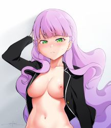 Rule 34 | 1girl, black jacket, blazer, blunt bangs, blush, braid, breasts, collarbone, highres, jacket, large breasts, long hair, looking at viewer, love live!, love live! superstar!!, naked jacket, navel, nose blush, open clothes, open jacket, out-of-frame censoring, purple hair, solo, stomach, sweatdrop, unsfrau, upper body, very long hair, wavy hair, wien margarete, wind