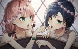 Rule 34 | 10s, 2girls, :d, alternate hairstyle, backlighting, bare arms, bare shoulders, black bow, blue hair, blunt bangs, blush, bow, braid, candy, closed mouth, collarbone, couch, darling in the franxx, feeding, food, french braid, frilled shirt, frills, gem, green eyes, hair bow, hand on own cheek, hand on own face, holding, holding food, horns, huwari (dnwls3010), ichigo (darling in the franxx), lollipop, long hair, looking away, looking to the side, low twintails, multiple girls, no hairband, on couch, open mouth, pearl (gemstone), shirt, short hair, sleeveless, sleeveless shirt, smile, tsurime, twintails, upper body, white shirt, yuri, zero two (darling in the franxx)
