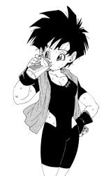 Rule 34 | 1girl, breasts, cleavage, cup, dragon ball, dragonball z, drinking, drinking glass, fenyon, fingerless gloves, gloves, hand on own hip, highres, official art, videl