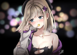 Rule 34 | 1girl, aa-12, aa-12 (girls&#039; frontline), ahoge, bad id, bad pixiv id, bare shoulders, black hat, blonde hair, blue eyes, blurry, blurry background, blush, breasts, candy, cleavage, collarbone, commentary request, food, girls&#039; frontline, gun, hair ornament, hat, highres, jacket, lollipop, medium breasts, off shoulder, shotgun, sleeves past wrists, solo, star (symbol), star hair ornament, sunmil, teeth, torn clothes, upper body, upper teeth only, weapon, zipper