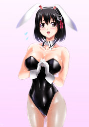 Rule 34 | 1girl, animal ears, beige background, black hair, black leotard, breasts, brown eyes, cleavage, cowboy shot, detached collar, fake animal ears, flying sweatdrops, gloves, gradient background, haguro (kancolle), hair ornament, hairclip, highres, kantai collection, kogawawaki, large breasts, leotard, own hands clasped, own hands together, pantyhose, playboy bunny, rabbit ears, rabbit girl, short hair, smile, solo, strapless, strapless leotard, white gloves, white pantyhose, wrist cuffs