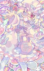 Rule 34 | 1girl, bag, blonde hair, blue pantyhose, bow, bowtie, candy, checkered clothes, checkered legwear, commentary, covered mouth, crystal, cupcake, diamond (gemstone), doughnut, dress, feet out of frame, flandre scarlet, food, fruit, hat, hat bow, heart, highres, lollipop, long hair, long sleeves, looking at viewer, macaron, mob cap, nikorashi-ka, pantyhose, pastel colors, pill, pink dress, pink eyes, pink hat, purple bow, purple bowtie, rabbit eyepatch, shoulder bag, solo, sticker, strawberry, touhou, wings, yume kawaii