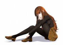 Rule 34 | 10s, 1girl, black pantyhose, black sweater, breasts, brown eyes, brown footwear, brown hair, brown skirt, fate/extra, fate (series), from side, full body, highres, hugging own legs, kishinami hakuno (female), loafers, medium breasts, pantyhose, ribbed sweater, shoes, sitting, skirt, solo, sweater, zaregoto tsukai no deshi