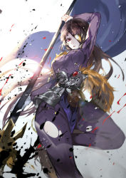 1girl, blue cape, breasts, brown hair, cape, character request, faulds, highres, holding, holding polearm, holding weapon, large breasts, long hair, long sleeves, looking at viewer, one eye covered, pants, parted lips, polearm, purple pants, red eyes, solo, tower of saviors, vardan, very long hair, weapon
