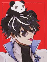 Rule 34 | 1boy, black hair, blue eyes, cape, charlemagne (fate), fate/grand order, fate (series), looking at viewer, male focus, messe 3, multicolored hair, round eyewear, short hair, smile, solo, streaked hair, sunglasses, two-tone hair, upper body, white cape, white hair