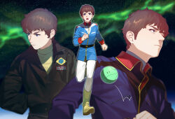 Rule 34 | 1boy, age progression, amuro ray, aurora, belt, black belt, black jacket, blue eyes, blue jacket, boots, brown hair, char&#039;s counterattack, closed mouth, collared jacket, commentary request, gundam, hands in pockets, haro, highres, jacket, long sleeves, looking to the side, male focus, military jacket, mobile suit gundam, multiple views, non-humanoid robot, open mouth, pants, robot, running, shirt, short hair, star (sky), upper body, ususio 11, v-shaped eyebrows, white pants, yellow footwear, yellow shirt, zeta gundam