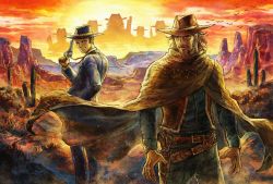 Rule 34 | 2boys, beard, blonde hair, cactus, cowboy, cowboy hat, cowboy western, facial hair, gun, handgun, hat, holster, holstered, live a live, looking at viewer, mad dog (live a live), male focus, mountainous horizon, multiple boys, official art, poncho, revolver, smile, standing, sundown kid, sunset, weapon, western