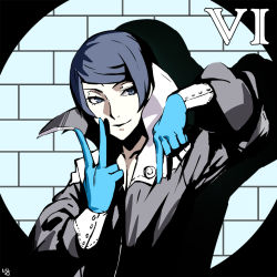 Rule 34 | 10s, 1boy, blue eyes, blue gloves, blue hair, club3, gloves, index finger raised, kitagawa yuusuke, male focus, persona, persona 5, shadow, smile, solo, upper body, v