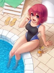Rule 34 | 1girl, :d, bare shoulders, barefoot, collarbone, commentary, cup, drinking glass, drinking straw, english commentary, flip-flops, full body, hair between eyes, hand up, highres, kushieda minori, looking at viewer, monorus, one-piece swimsuit, open mouth, pink eyes, pink hair, pool, sandals, short hair, sitting, smile, solo, swimsuit, thighs, toradora!, water, water drop, wet