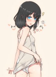 Rule 34 | !, 1girl, @ @, ^^^, ass, bare arms, bare shoulders, beige background, black hair, blue eyes, blush, breasts, camisole, from behind, heart, highres, looking at viewer, nonono (mino), original, panties, patch, side-tie panties, small breasts, solo, spoken exclamation mark, stitches, strap gap, sweat, underwear, white panties