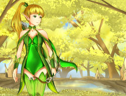 Rule 34 | 10s, 1girl, blonde hair, breasts, dragon nest, dress, elf, female focus, forest, gold hair, green eyes, high ponytail, highres, leotard, long hair, nature, outdoors, plant, pointy ears, ponytail, sky, solo