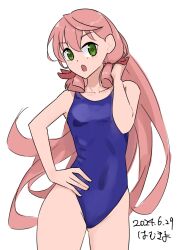 Rule 34 | 1girl, akashi (kancolle), alternate costume, artist name, bare shoulders, blue one-piece swimsuit, blunt tresses, breasts, commentary request, cowboy shot, dated, green eyes, hair between eyes, hair ribbon, hamukiyo, hand on own hip, highres, kantai collection, long hair, one-hour drawing challenge, one-piece swimsuit, open mouth, pink hair, ribbon, simple background, small breasts, solo, swimsuit, tress ribbon, white background