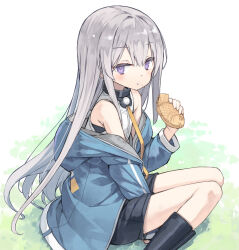 Rule 34 | 1girl, bare shoulders, between legs, black footwear, black shorts, blue jacket, boots, commentary request, feet out of frame, food, food on face, grey hair, hair between eyes, hand between legs, highres, holding, holding food, hood, hood down, hooded jacket, jacket, long hair, off shoulder, on grass, open clothes, open jacket, original, poco (asahi age), purple eyes, shirt, short shorts, shorts, sleeveless, sleeveless shirt, solo, taiyaki, very long hair, wagashi, white shirt