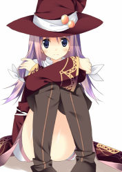Rule 34 | 1girl, blue eyes, hat, kuwashima rein, melody (rune factory), purple hair, rune factory, rune factory 1, sitting, smile, solo, thighhighs, witch hat