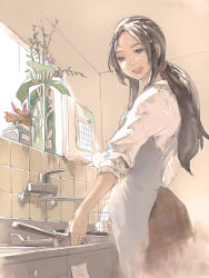Rule 34 | 10s, 1girl, :d, alternate hairstyle, apron, bad id, brown hair, flower, highres, jewelry, kaburagi tomoe, kitchen, long hair, open mouth, plaid, plaid skirt, plant, pomodorosa, ponytail, ring, sink, skirt, sleeves pushed up, smile, solo, teeth, tiger &amp; bunny, wedding band