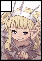Rule 34 | 1girl, bent over, black border, blonde hair, blunt bangs, border, breasts, bright pupils, cagliostro (granblue fantasy), circle cut, clothes pull, downblouse, fingernails, granblue fantasy, grin, hairband, hand up, kosuke orz, long hair, looking at viewer, no bra, purple eyes, shirt pull, simple background, small breasts, smile, solo, thighhighs, white background, white pupils