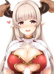 Rule 34 | 10s, 1girl, :d, alicia (granblue fantasy), blush, breasts, brown eyes, censored, cleavage, draph, dress, earrings, gloves, granblue fantasy, hands on own chest, heart, horns, huge breasts, jewelry, jpeg artifacts, large breasts, long hair, looking at viewer, open mouth, paizuri, penis, pointy ears, pov, pov hands, red eyes, silver hair, simple background, smile, solo focus, uni8, upper body, white background, white gloves