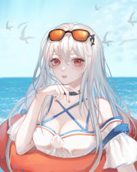 Rule 34 | 1girl, absurdres, arknights, bare shoulders, blue sky, breasts, celina, cleavage, commentary, criss-cross halter, day, eyewear on head, hair between eyes, hair ornament, halterneck, hand up, highres, innertube, long hair, looking at viewer, medium breasts, nail polish, no headwear, off-shoulder shirt, off shoulder, official alternate costume, parted lips, red eyes, shirt, short sleeves, silver hair, skadi (arknights), skadi (waverider) (arknights), sky, solo, sunglasses, sunglasses on head, swim ring, upper body, water, whale hair ornament, white shirt