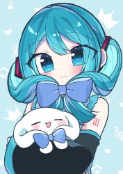 Rule 34 | 1girl, :3, :d, = =, absurdres, alternate hairstyle, animal, animal hug, aqua hair, bare shoulders, blue background, blue bow, blue eyes, blush, bow, cinnamiku, cinnamoroll, closed mouth, crown, detached sleeves, ear bow, frills, front ponytail, grey shirt, hair bow, hatsune miku, heart, highres, kasaki sakura, looking at viewer, musical note, number tattoo, open mouth, sanrio, shirt, shoulder tattoo, smile, tattoo, tied ears, upper body, vocaloid