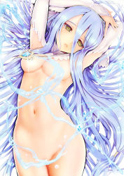 Rule 34 | 1girl, azura (fire emblem), blue hair, breasts, bridal gauntlets, convenient censoring, elbow gloves, fire emblem, fire emblem fates, gloves, hair between eyes, jewelry, long hair, navel, necklace, nintendo, nude, solo, teruru, very long hair, yellow eyes