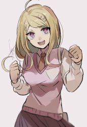 Rule 34 | 1girl, :d, ahoge, akamatsu kaede, blonde hair, brown neckwear, clenched hands, collared shirt, commentary request, danganronpa (series), danganronpa v3: killing harmony, fortissimo, hair ornament, hands up, highres, huyuharu0214, long hair, musical note, musical note hair ornament, necktie, open mouth, pink eyes, pink vest, pleated skirt, shirt, simple background, skirt, smile, sweater vest, teeth, upper teeth only, vest, white background, white shirt
