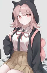 Rule 34 | 1girl, bag, breasts, cable, collared shirt, commentary, danganronpa (series), danganronpa 2: goodbye despair, flipped hair, hand up, hood, long sleeves, looking at viewer, medium hair, nanami chiaki, neck ribbon, no hair ornament, open clothes, pink eyes, ribbon, semong 0000, shirt, shirt tucked in, sitting, skirt, solo, white shirt