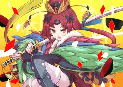 Rule 34 | 1girl, benienma (fate), benienma (third ascension) (fate), boots, boushi-ya, bow, cup, fate/grand order, fate (series), hair bow, hat, holding, holding sword, holding weapon, japanese clothes, katana, kimono, long hair, long sleeves, looking at viewer, multiple hair bows, open mouth, parted bangs, red eyes, red hair, sakazuki, solo, sword, thigh boots, thighhighs, tsurime, upper body, weapon, wide sleeves
