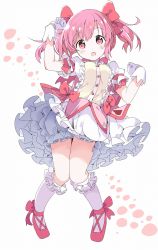 Rule 34 | 1girl, :o, arm up, bloomers, blush, bow, breasts, bubble skirt, commentary request, frilled skirt, frilled socks, frills, full body, gloves, hair bow, hand up, highres, kaname madoka, kneehighs, knees together feet apart, magical girl, mahou shoujo madoka magica, mahou shoujo madoka magica (anime), open mouth, pink hair, puffy short sleeves, puffy sleeves, red bow, red eyes, red footwear, shoes, short sleeves, simple background, skirt, small breasts, socks, solo, tantan men (dragon), twintails, underwear, white background, white bloomers, white gloves, white skirt, white socks