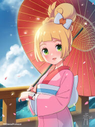 Rule 34 | 1girl, blonde hair, blunt bangs, blush, bow, cloud, commentary request, creatures (company), day, eyelashes, falling petals, fence, game freak, green eyes, hair bow, highres, holding, holding umbrella, japanese clothes, kimono, kinocopro, lillie (pokemon), looking at viewer, nintendo, oil-paper umbrella, open mouth, outdoors, petals, pink kimono, pokemon, pokemon (anime), pokemon sm117, pokemon sm (anime), sash, sky, smile, solo, twitter username, umbrella, watermark, white sash, z-ring