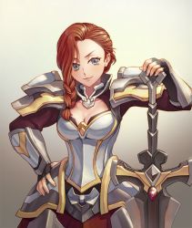 Rule 34 | 1girl, aloner, arena of valor, armor, artist name, astrid (arena of valor), blue eyes, braid, breasts, cleavage, fingerless gloves, gloves, long hair, red hair, single braid, solo, sword, upper body, weapon