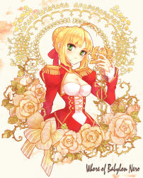 Rule 34 | 10s, 1girl, ahoge, bad id, bad pixiv id, blonde hair, breasts, character name, cleavage, dress, epaulettes, fate/extra, fate (series), flower, green eyes, hair ribbon, large breasts, miyagi rie, nero claudius (fate), nero claudius (fate), nero claudius (fate/extra), plant, ribbon, rie (kurapopon), rose, solo, staff, thorns, vines