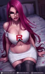 Rule 34 | 1girl, bed, bespectacled, blue eyes, breasts, cleavage, creatures (company), game freak, glasses, highres, hip focus, jessie (pokemon), large breasts, lips, long hair, luminyu, nail polish, nintendo, nose, petals, pink hair, pokemon, pokemon (anime), sitting, solo, team rocket, thighs