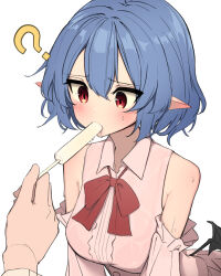 Rule 34 | 1girl, 1other, ?, bare shoulders, bat wings, blue hair, blush, bow, bowtie, breasts, commentary request, ei tantan, food in mouth, highres, medium breasts, pointy ears, popsicle, popsicle in mouth, red bow, red bowtie, red eyes, remilia scarlet, short hair, simple background, solo focus, sweat, touhou, upper body, white background, wings