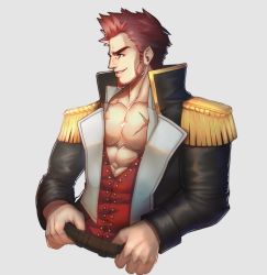 Rule 34 | 1boy, alex (cerealex), bara, blue eyes, brown hair, collar, cropped legs, epaulettes, facial hair, fate/grand order, fate (series), fringe trim, goatee, highres, jacket, long sideburns, long sleeves, male focus, manly, military, military uniform, muscular, napoleon bonaparte (fate), open clothes, open jacket, pectoral cleavage, pectorals, scar, sideburns, simple background, smile, solo, unbuttoned, uniform