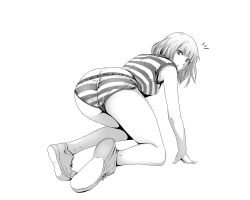 Rule 34 | 1girl, absurdres, armpits, ass, blunt bangs, butt crack, greyscale, highres, hime cut, midorikawa hana, monochrome, panties, prison clothes, prison school, sbel02, shoes, short hair, shorts, sneakers, striped clothes, striped panties, striped shorts, surprised, underwear