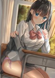 Rule 34 | 1girl, black hair, blue eyes, blush, bow, bowtie, chair, closed mouth, clothes lift, collared shirt, curtains, desk, grey skirt, highres, index finger raised, indoors, long hair, looking at viewer, original, panties, pink panties, pleated skirt, red bow, red bowtie, school uniform, shirt, sitting, skirt, skirt lift, smile, solo, sunsun2812, tree, underwear, white shirt, window