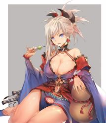 Rule 34 | 1girl, :p, bare shoulders, barefoot, blue eyes, breasts, cleavage, earrings, artistic error, fate/grand order, fate (series), food, jewelry, large breasts, long hair, looking at viewer, magatama, miyamoto musashi (fate), miyamoto musashi (third ascension) (fate), navel, pink hair, pinky out, solo, takoyaki, teddy (khanshin), thighs, tongue, tongue out, wrong foot