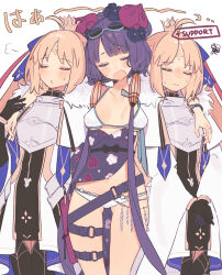 Rule 34 | 3girls, ahoge, armor, armored dress, artoria caster (fate), artoria caster (third ascension) (fate), artoria pendragon (fate), bare shoulders, beads, belt, bikini, black gloves, blonde hair, blue ribbon, blush, bracelet, breastplate, breasts, capelet, closed eyes, collarbone, crown, dress, dual persona, elbow gloves, facial mark, fate/grand order, fate (series), faulds, floral print, forehead mark, fur-trimmed capelet, fur trim, gloves, goggles, goggles on head, hair bun, hair ornament, hair ribbon, highres, jewelry, katsushika hokusai (fate), katsushika hokusai (swimsuit saber) (fate), long hair, long sleeves, medium breasts, multiple girls, navel, obi, open mouth, purple hair, ribbon, sash, sidelocks, small breasts, swimsuit, thigh strap, thighs, translation request, twintails, uxco0, white bikini, white capelet, white dress, wide sleeves