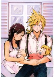 Rule 34 | 1boy, 1girl, 1other, absurdres, apron, baby, bare arms, bare shoulders, black hair, blonde hair, blue eyes, blush, cloud strife, couple, final fantasy, final fantasy vii, highres, holding another&#039;s arm, holding baby, hugo artist, indoors, long hair, low ponytail, mother and child, pacifier, red eyes, shirt, sitting, smile, spiked hair, square enix, suspenders, tifa lockhart, window